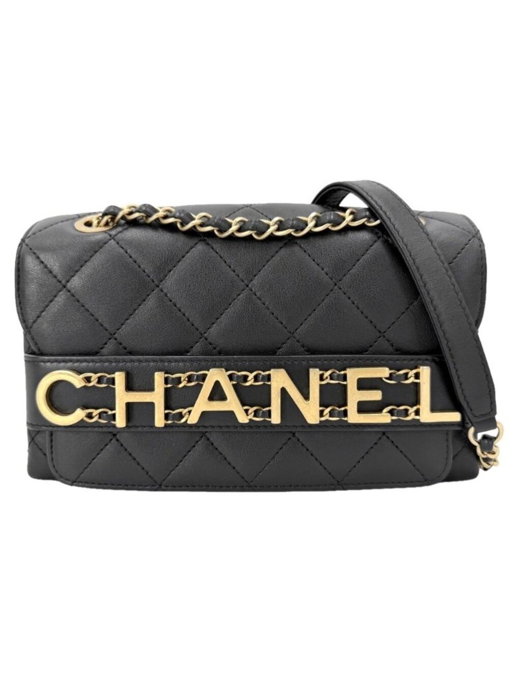 Chanel Shoulder Bag Quilted Logo Double Chain Crossbody Leather Black Gold